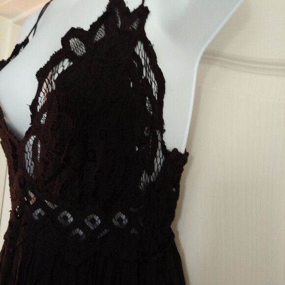 Free People Adella Maxi Slip Dress S Black Boho Crochet Lace Ruffle Tiered S - Picture 10 of 16